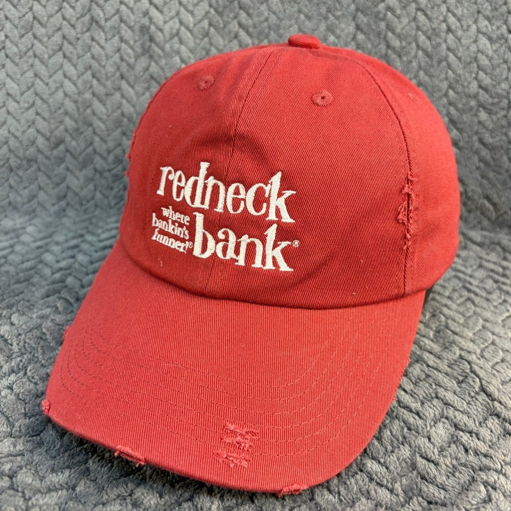 District Redneck Bank Hat Red Distressed Baseball Cap Adjustable Strapback